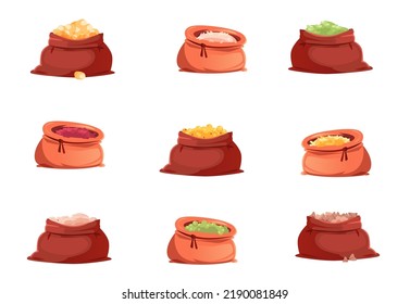 Corn, millet, buckwheat, rice grains and beans in sacks. Vector cartoon set of cereal food, open burlap bags with piles of wheat, peas seeds, groats, legumes isolated on white background