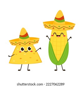 Corn and Nacho chip cartoon vector. Cute vegetable vector character isolated on white. Corn mascot.