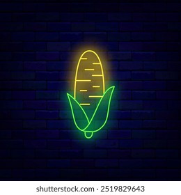 Corn neon icon on brick wall. South America country. Light banner. Shiny greeting card. Mexican food. Glowing emblem. Editable stroke. Vector stock illustration