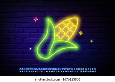 Corn Neon Sign. Vector Illustration of the promotion of vegetables on thanksgiving day. Neon text.