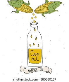 Corn oil in bottle. Drops of corn oil. Vector hand drawn illustration isolated on white