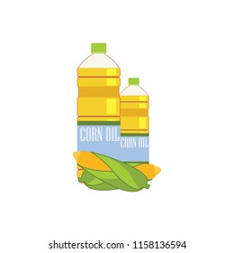 corn oil in the bottle with corn isolated on white background. vector illustration