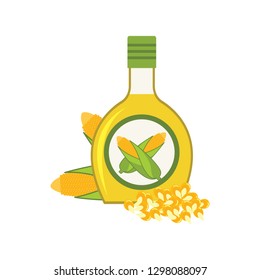 corn oil in the bottle with corn isolated on white background. vector illustration