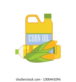 corn oil in the bottle with corn isolated on white background. vector illustration