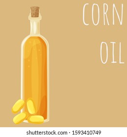 Corn oil bottle vector illustration, isolated on colored background, cartoon style oil type clip-art.