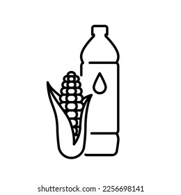 Corn oil, editable icon. Vegetarian organic oil from corn grain in plastic bottle. Composition with a corn ear. Unique illustration, thin editable strokes