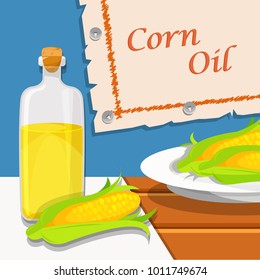 Corn oil, glass bottle of vegetable oil and corncob vector Illustration design element for banner, poster