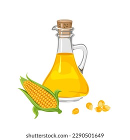 Corn oil in glass bottle and yellow grains isolated on white background. Vector cartoon illustration of maize.