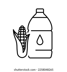 Corn oil, icon. Vegitarian organic oil from maize grain in large plastic bottle. Composition with a corncob and one-gallon-bottle. Unique illustration, thin editable strokes.