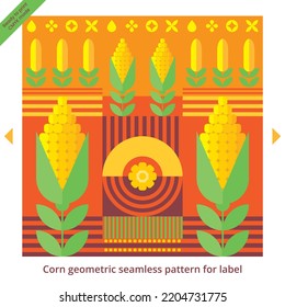 Corn oil label. Agriculture background. Abstract geometric background witn corn, sun, seed, leaves, field, oil simbols. Seamless pattern for packaging printable isolated. Modern concept.