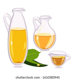 Corn oil in a round bottle. Transparent edible liquid from natural, vegetable, virgin organic healthy oil product. Cartoon flat style for any web design. Different oil