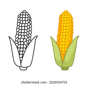 Maíz en la mazorca, línea negra y conjunto de colores. Libro de coloración para la tarea educativa de los niños. Ilustración vectorial de una verdura al estilo infantil de dibujos animados. Clásico gracioso aislado sobre fondo blanco.