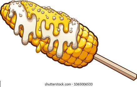 Corn on the cob with mayonnaise and cheese. Vector clip art illustration with simple gradients. Corn, mayo and cheese on separate layers.