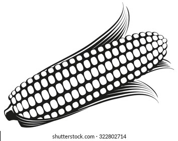 Corn on the Cob / Sweetcorn with leaves, black and white flat graphic vector illustration. Fully adjustable & scalable.