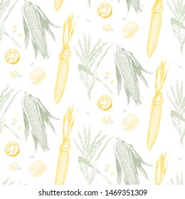 Corn on the cob vintage design seamless pattern. Botanical corn. Vector illustration. Maize