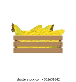 Corn on the cob in a wooden crate. Vector illustration