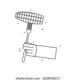 Corn on a fork in human hand on white backdrop. Organic vegetable for eating. Flat illustration on white background. Line art style. Outline image. An black white image for the design of restaurants.
