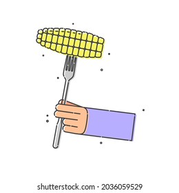 Corn on a fork in human hand on white backdrop. Organic vegetable for eating. Flat illustration on white background. Line art style. Vector outline image. An color image for the design of restaurants.