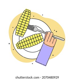 Corn on a fork in human hand and one in a plate on white background. Organic vegetable for eating. Flat illustration on white background. Line art style. Outline image. Vector.
