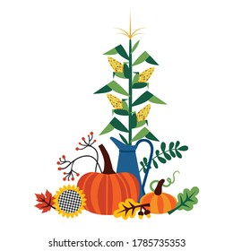 
Corn on a stalk in a jug, pumpkins, oak and maple leaves, acorns and branches with berries and leaves. Farmhouse Decor. Vector illustration on a white background. It's Fall Y'all.