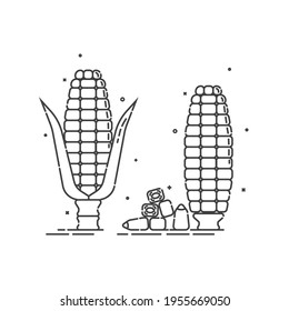 Corn on white background. Organic food. Healthful product. Young ear of maize with leaves and without. Healthy eating. Vegetarian foodstuff. Flat line art icon. Two view isolated object. Vector.
