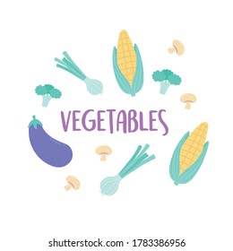 cebolla de maíz berenjena brócoli verduras orgánicas frescas menú de alimentos letras sanas diseño gráfico vectorial ilustración