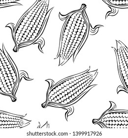 Corn outline seamless pattern. Vector black white illustration of cereal, grain. Vegetables background.