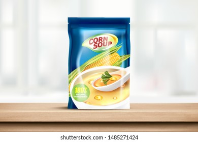 Corn with packaging on wooden table in window light background ads. Realistic vector in 3d illustration.