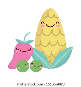corn peas and chili pepper menu character cartoon food cute vector illustration