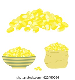 Corn pile isolated, in bag and bowl. Vector stock illustration of heap of maize seeds traditionally used in american and mexican cuisine in flat style.