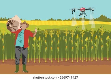Corn plantations and drone spraying activities. Modern agricultural and plantation technology using robotics. Male farmer in front of corn fields