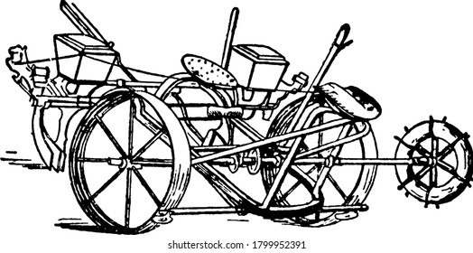 A corn planter of about 20th century, vintage line drawing or engraving illustration.