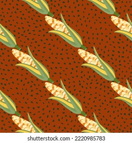 Corn plants seamless pattern. Corn cobs endless wallpaper. Vegetarian healthy food backdrop. Design for fabric, textile print, wrapping paper. Vector illustration