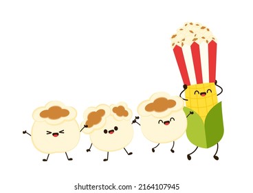 Corn and popcorn cartoon. Vector mascot, cartoon and illustration of a corn holding popcorn. Character design.