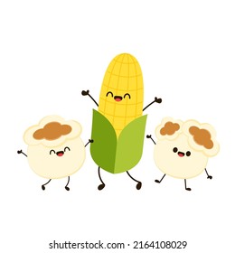 Corn and popcorn cartoon. Vector mascot, cartoon and illustration of a corn holding popcorn. Character design.