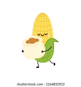 Corn and popcorn cartoon. Vector mascot, cartoon and illustration of a corn holding popcorn. Character design.