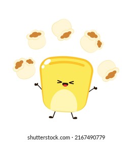 Caricatura de maíz y palomitas de maíz. Mascota vectorial, dibujos animados e ilustración de un maíz que contiene palomitas de maíz. Diseño de caracteres.