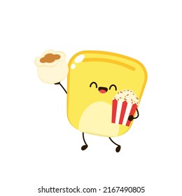 Corn and popcorn cartoon. Vector mascot, cartoon and illustration of a corn holding popcorn. Character design.