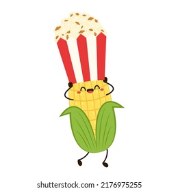 Caricatura de maíz y palomitas de maíz. Mascota vectorial, dibujos animados e ilustración de un maíz que contiene palomitas de maíz. Diseño de caracteres.