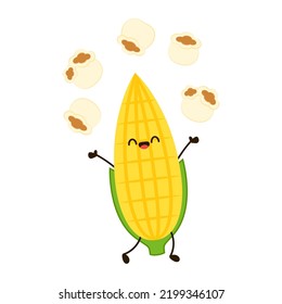 Caricatura de maíz y palomitas de maíz. Mascota vectorial, dibujos animados e ilustración de un maíz que contiene palomitas de maíz. Diseño de caracteres.