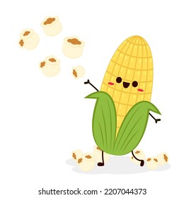 Corn and popcorn cartoon. Vector mascot, cartoon and illustration of a corn holding popcorn. Character design.