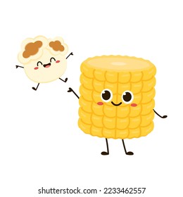 Corn and popcorn cartoon. Vector mascot, cartoon and illustration of a corn holding popcorn. Character design.