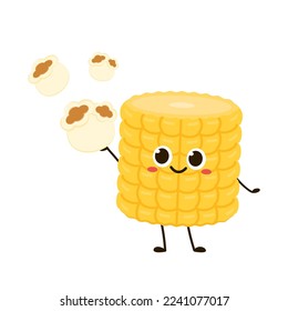 Corn and popcorn cartoon. Vector mascot, cartoon and illustration of a corn holding popcorn. Character design.