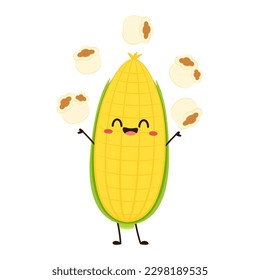 Caricatura de maíz y palomitas de maíz. Mascota vectorial, dibujos animados e ilustración de un maíz que contiene palomitas de maíz. Diseño de caracteres.
