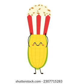 Corn and popcorn cartoon. Vector mascot, cartoon and illustration of a corn holding popcorn. Character design.