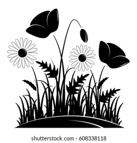 corn poppies and daisies in grass isolated on white background