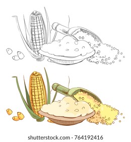 Corn porridge sketch coloring page. Healthy food product, vector illustration