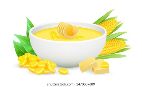 Corn porrige vector. Realistic vector bowl with corn soup and butter isolated on white background. Healthy food, polenta. Fresh corn soup and porrige in bowl illustration