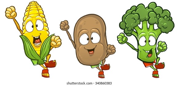 Corn potato and broccoli cartoon characters in jumping pose isolated on white background