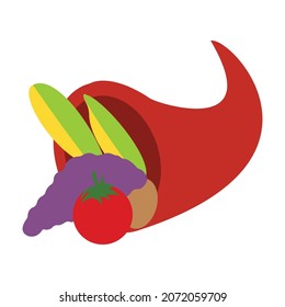 corn, potatoes, grapes, tomatoes, in a red sack